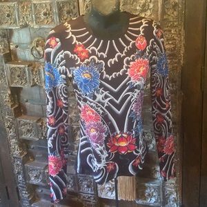 Slinky Tattoo Floral Dragon Rocker Chic Stretchy Top